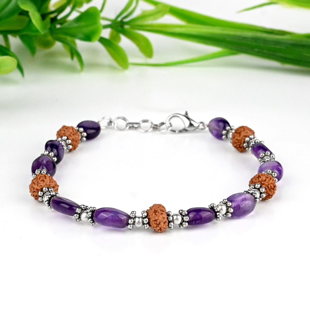 Amethyst Oval Beads & 9 Mukhi Rudraksha German Silver Bracelet