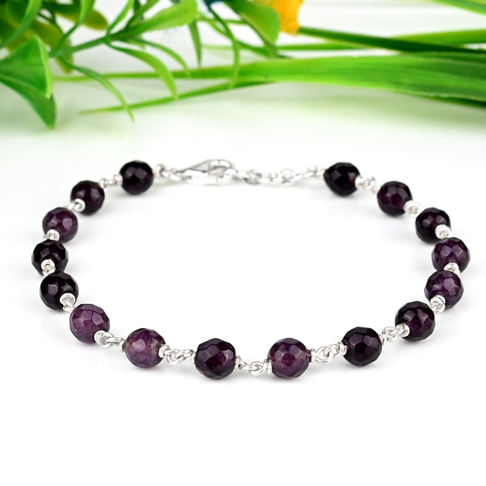 Amethyst Faceted Beads 925 Silver Wire Bracelet - 6 mm