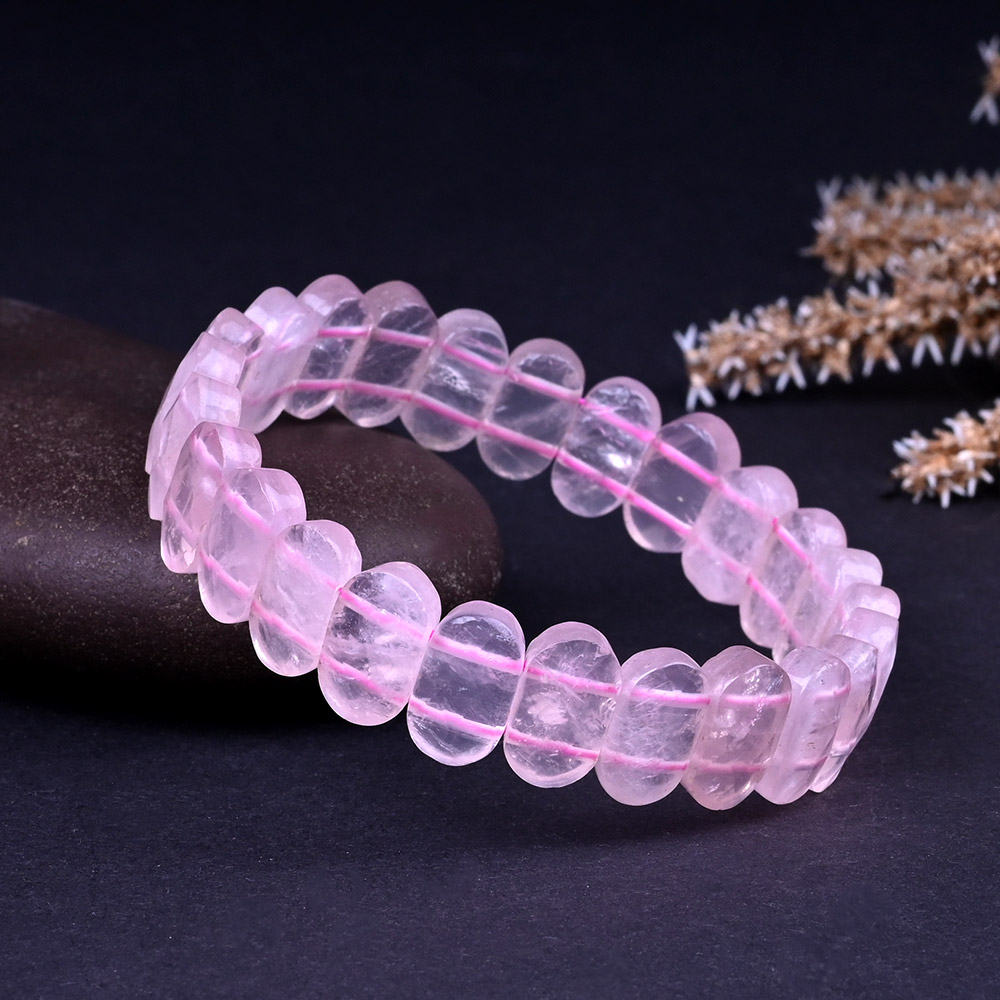 Rose Quartz Faceted Flat Oval Beads Elastic Bracelet