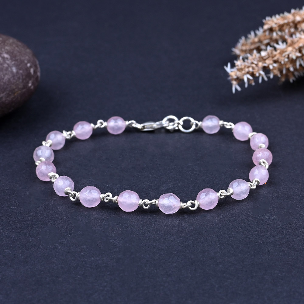 Rose Quartz Faceted 925 Silver Wire Bracelet - 6 mm