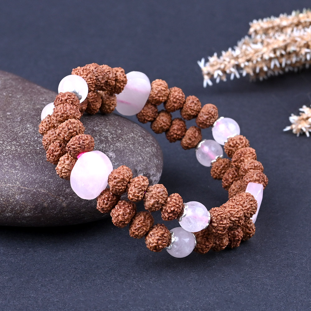 Rose Quartz & 7 Mukhi Rudraksha Double Layer Bracelet - 8 mm