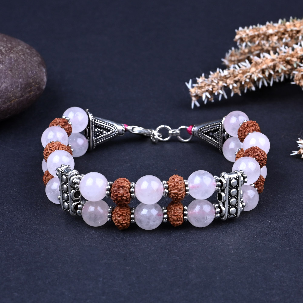 Rose Quartz & 7 Mukhi Rudraksha 2 Layers German Silver Bracelet - 8 mm
