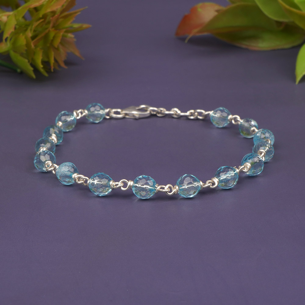 Blue Topaz Faceted 925 Silver Wire Bracelet - 6 mm