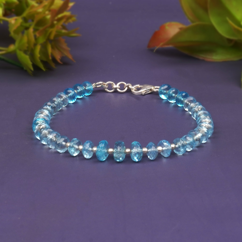 Blue Topaz Faceted Button Shape Beads 925 Silver Ball Bracelet