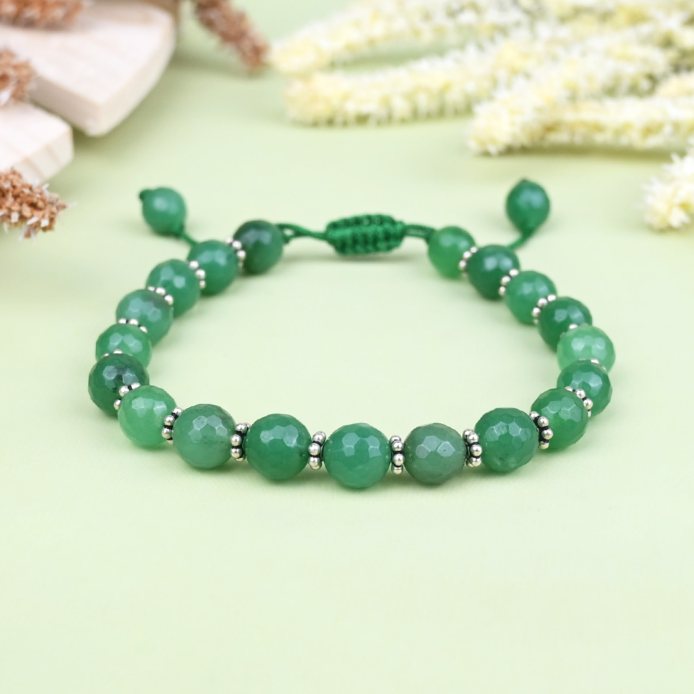 Green Aventurine Faceted Beads Silver Chakri Adjustable Bracelet