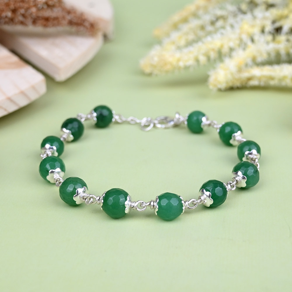 Green Aventurine Faceted Beads 925 Silver Flower Caps Bracelet