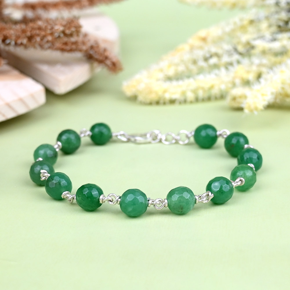 Green Aventurine Faceted Beads 925 Silver Wire Bracelet