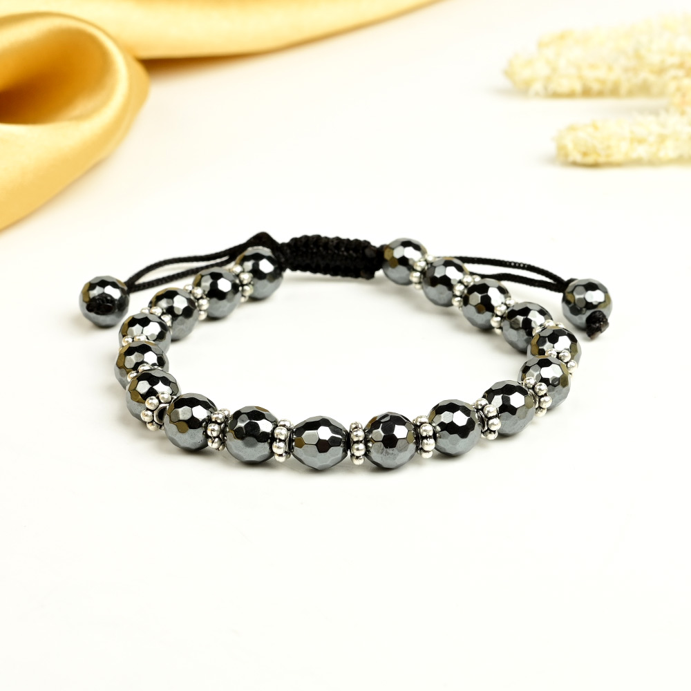 Hematite Faceted Beads German Silver Chakri Adjustable Bracelet