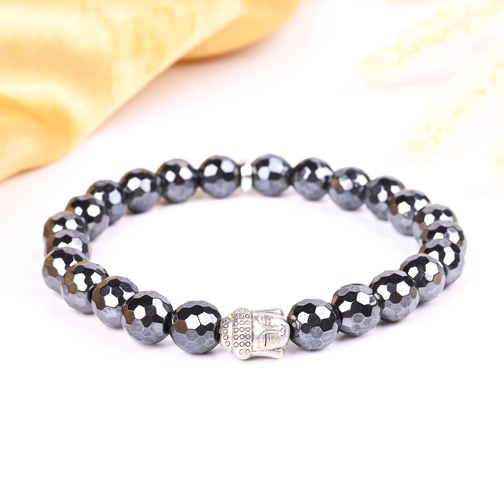 Hematite Faceted Beads Buddha Charm Bracelet