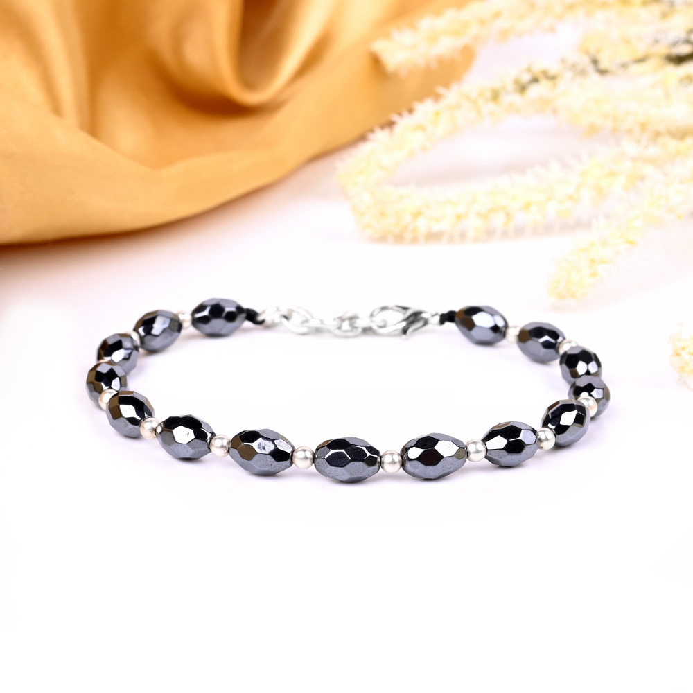 Hematite Faceted Oval Beads Silver Ball Bracelet