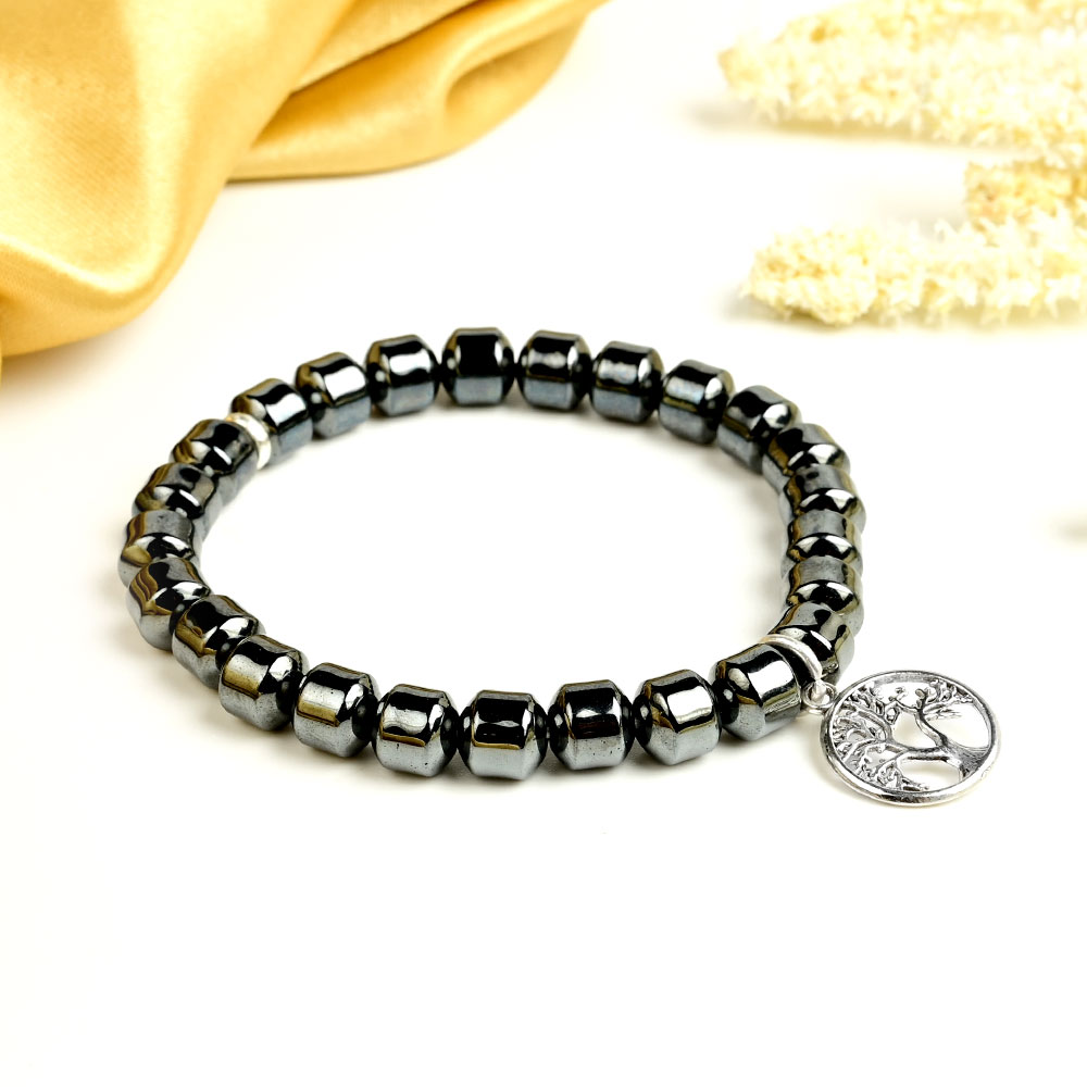 Hematite Cylindrical Beads Tree of Life Bracelet