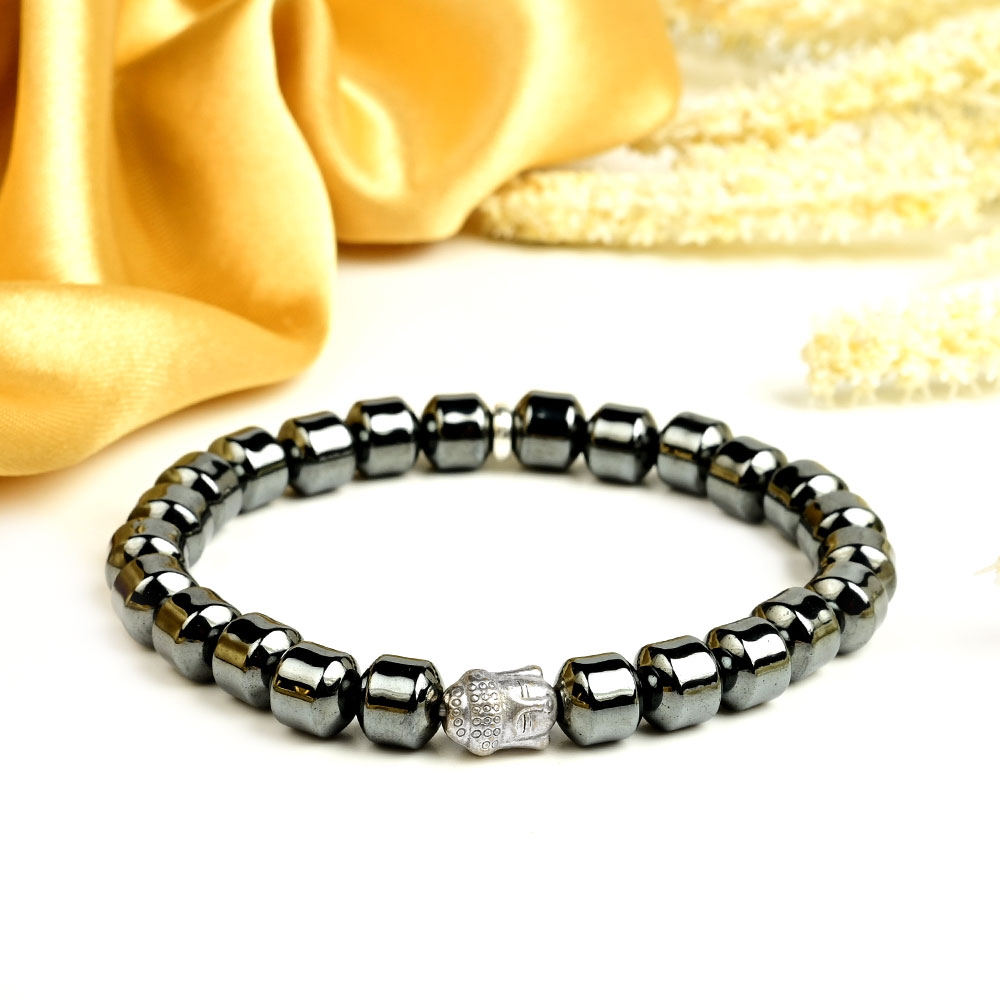 Hematite Cylindrical Beads Buddha Charm Bracelet