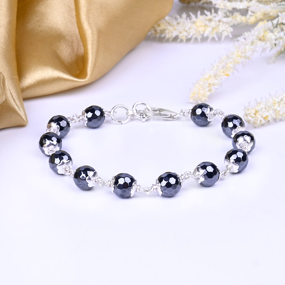 Hematite Faceted Beads 925 Silver Flower Caps Bracelet