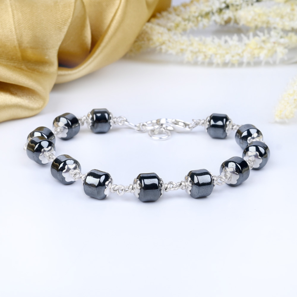 Hematite Cylindrical Beads 925 Silver Flower Caps Bracelet