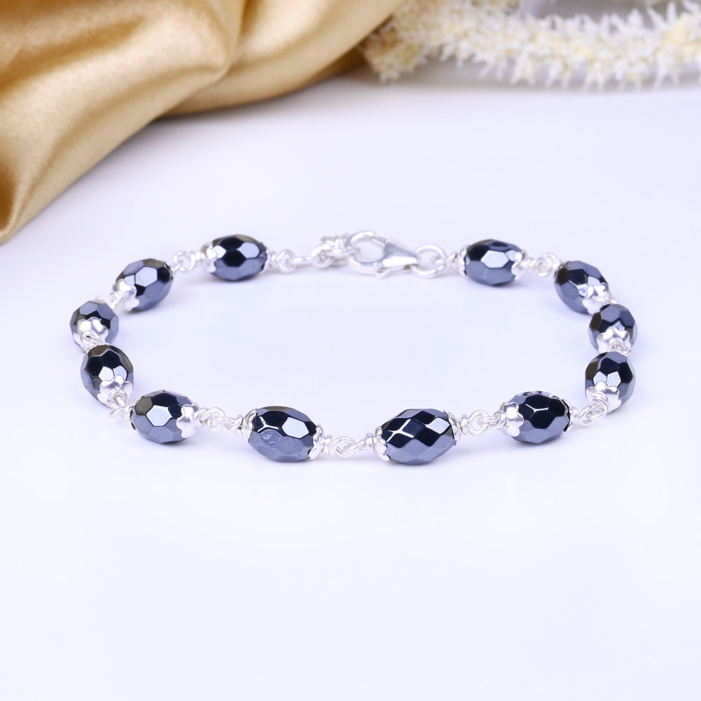 Hematite Faceted Oval Beads 925 Silver Flower Caps Bracelet