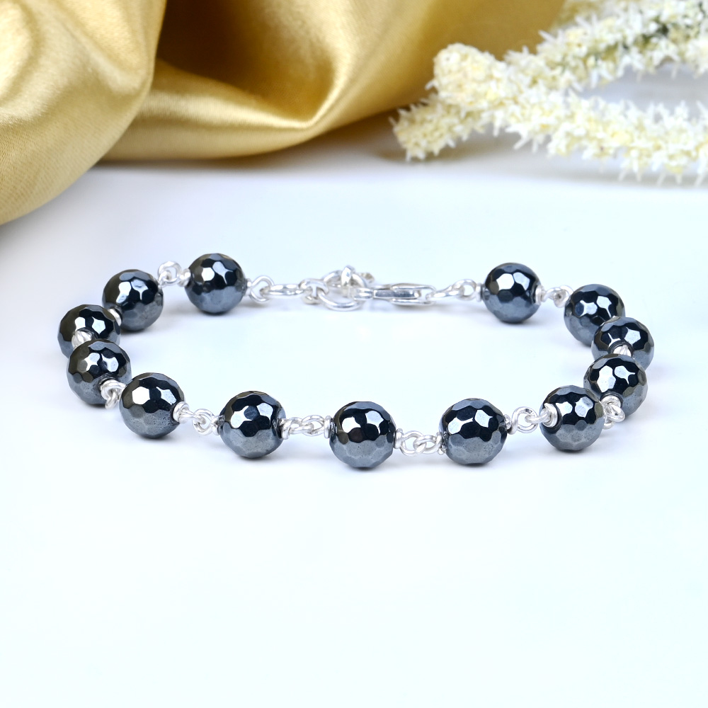 Hematite Faceted Beads 925 Silver Wire Bracelet