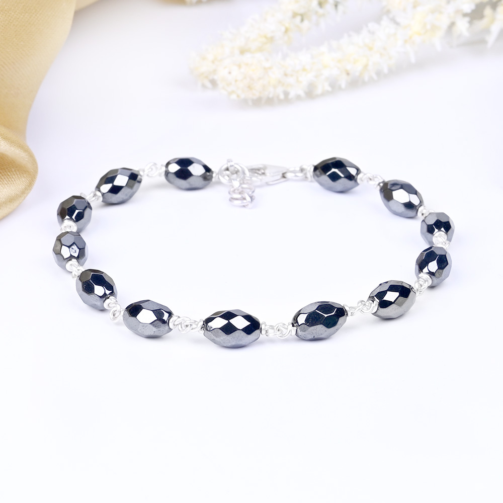 Hematite Faceted Oval Beads 925 Silver Wire Bracelet