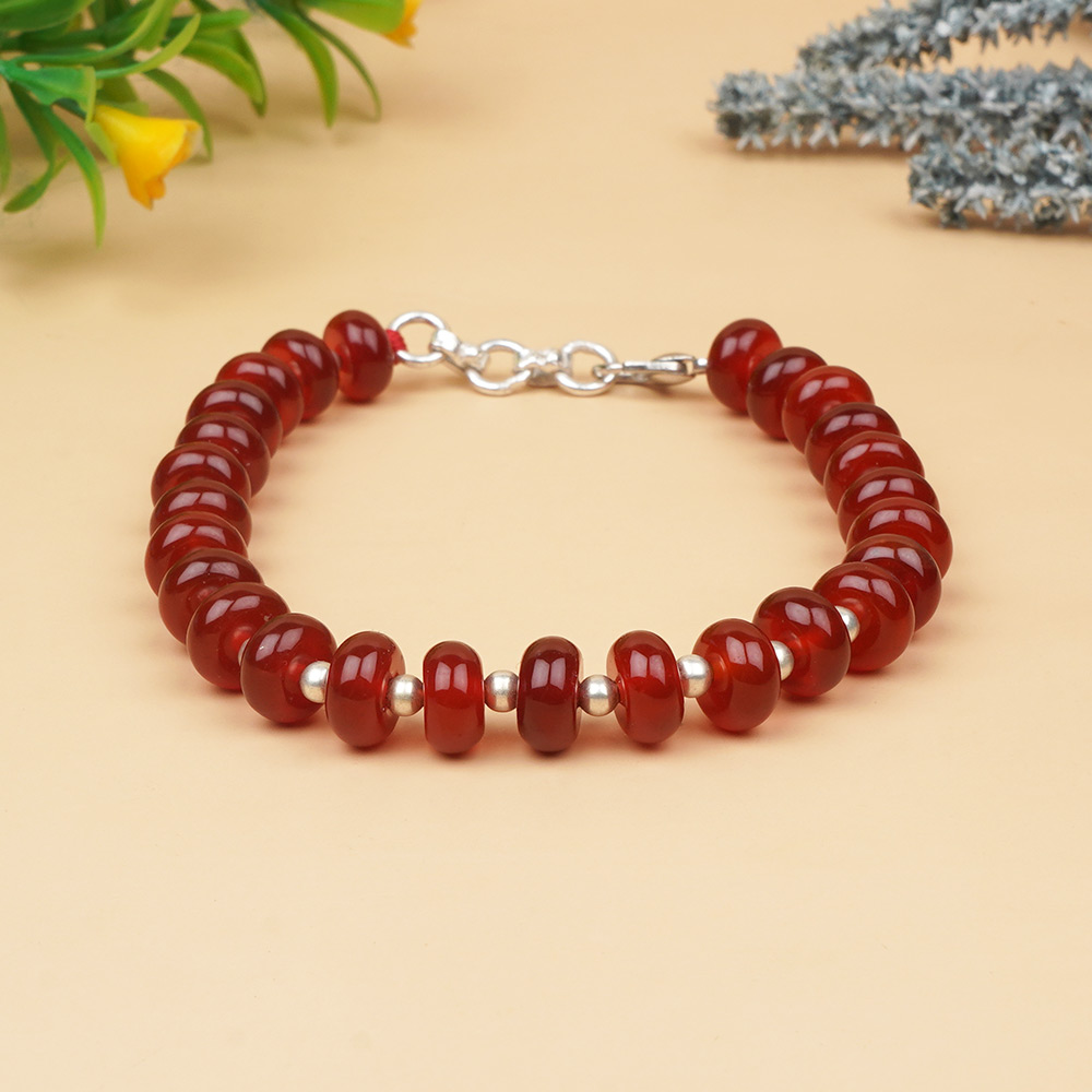 Red Carnelian Elliptical Beads German Silver Ball Bracelet