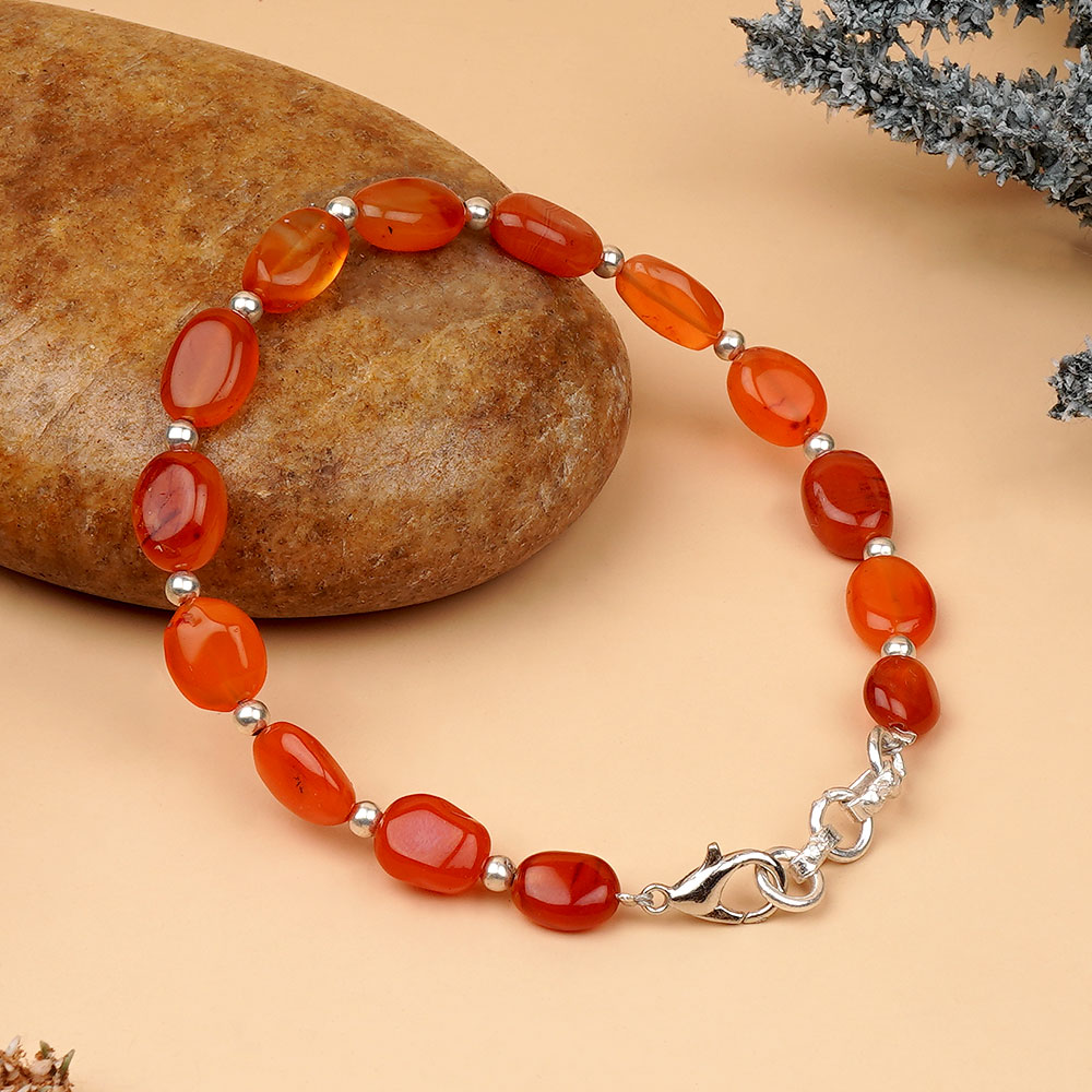 Red Carnelian Flat Oval Beads German Silver Ball Bracelet