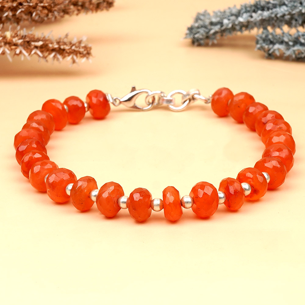 Red Carnelian Faceted Elliptical Beads German Silver Ball Bracelet