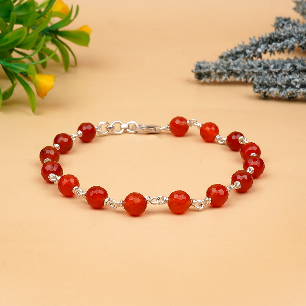 Red Carnelian Faceted 925 Silver Wire Bracelet - 6 mm
