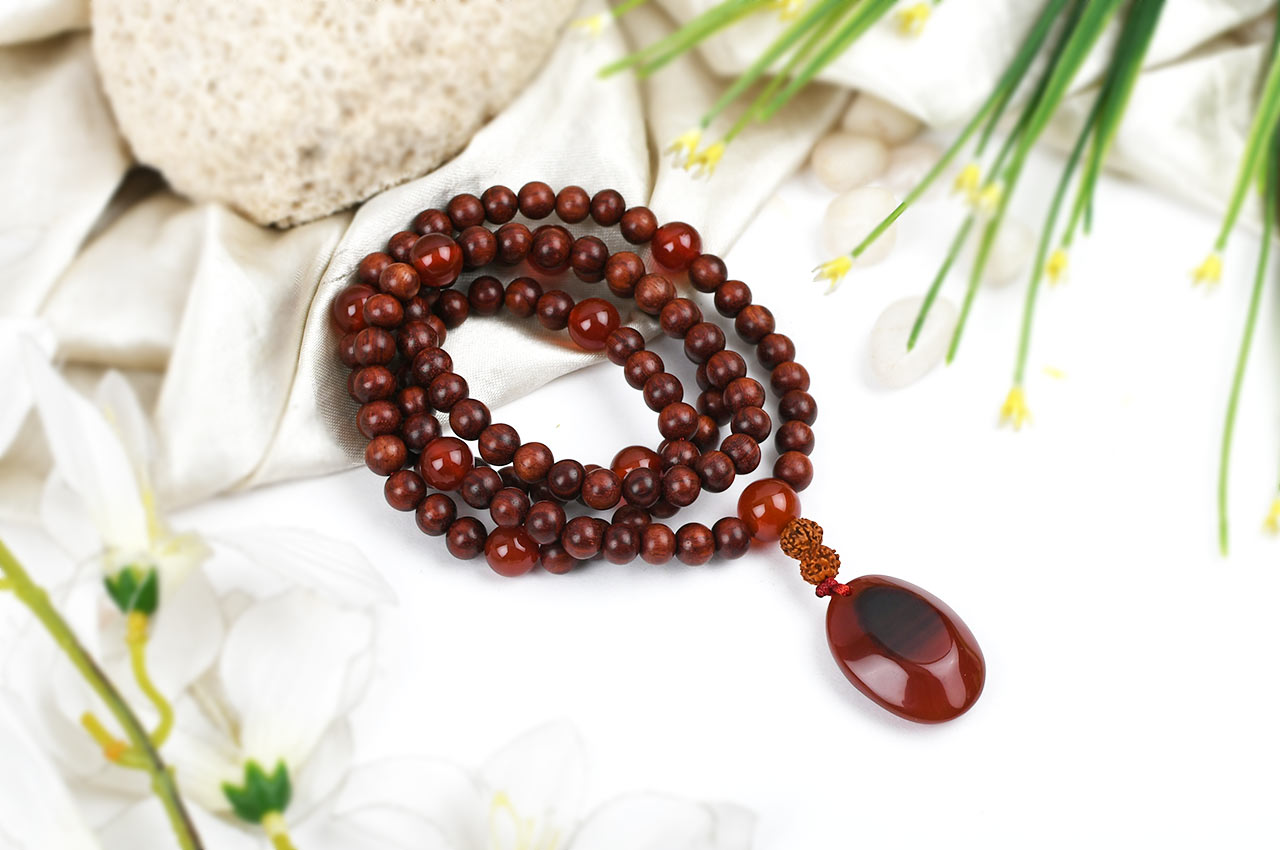 Red Sandal Rudraksha and Red Carnelian Beads Mala