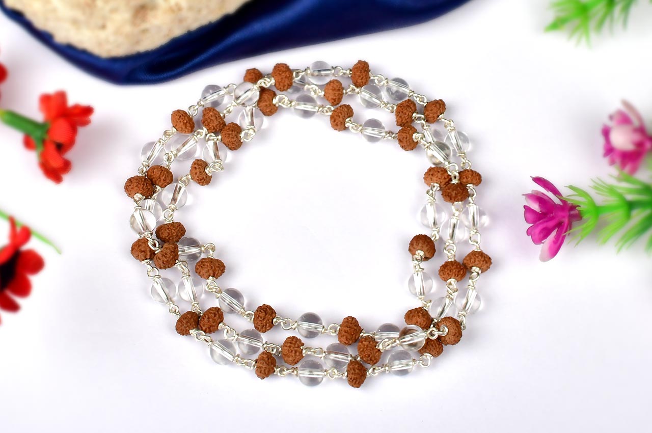 9 mukhi Rudraksha and Sphatik beads Mala in silver