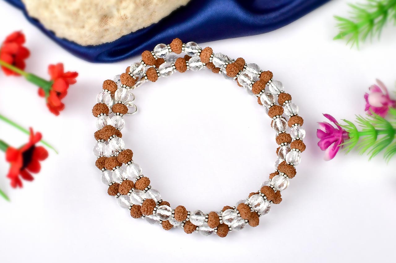 9 mukhi Rudraksha and Sphatik beads Mala in thread with silver spacers