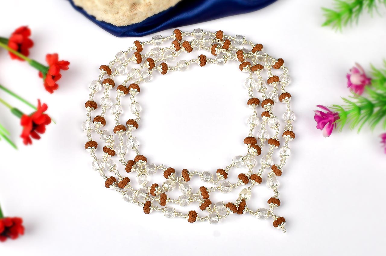 9 mukhi Rudraksha and Sphatik beads Mala in silver flower caps