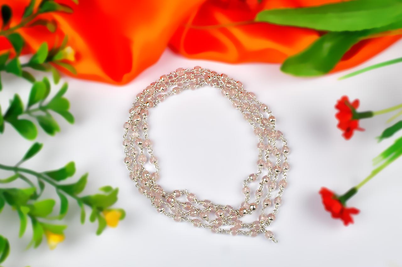 Rose Quartz Mala - 4 mm in Pure silver with Flower caps