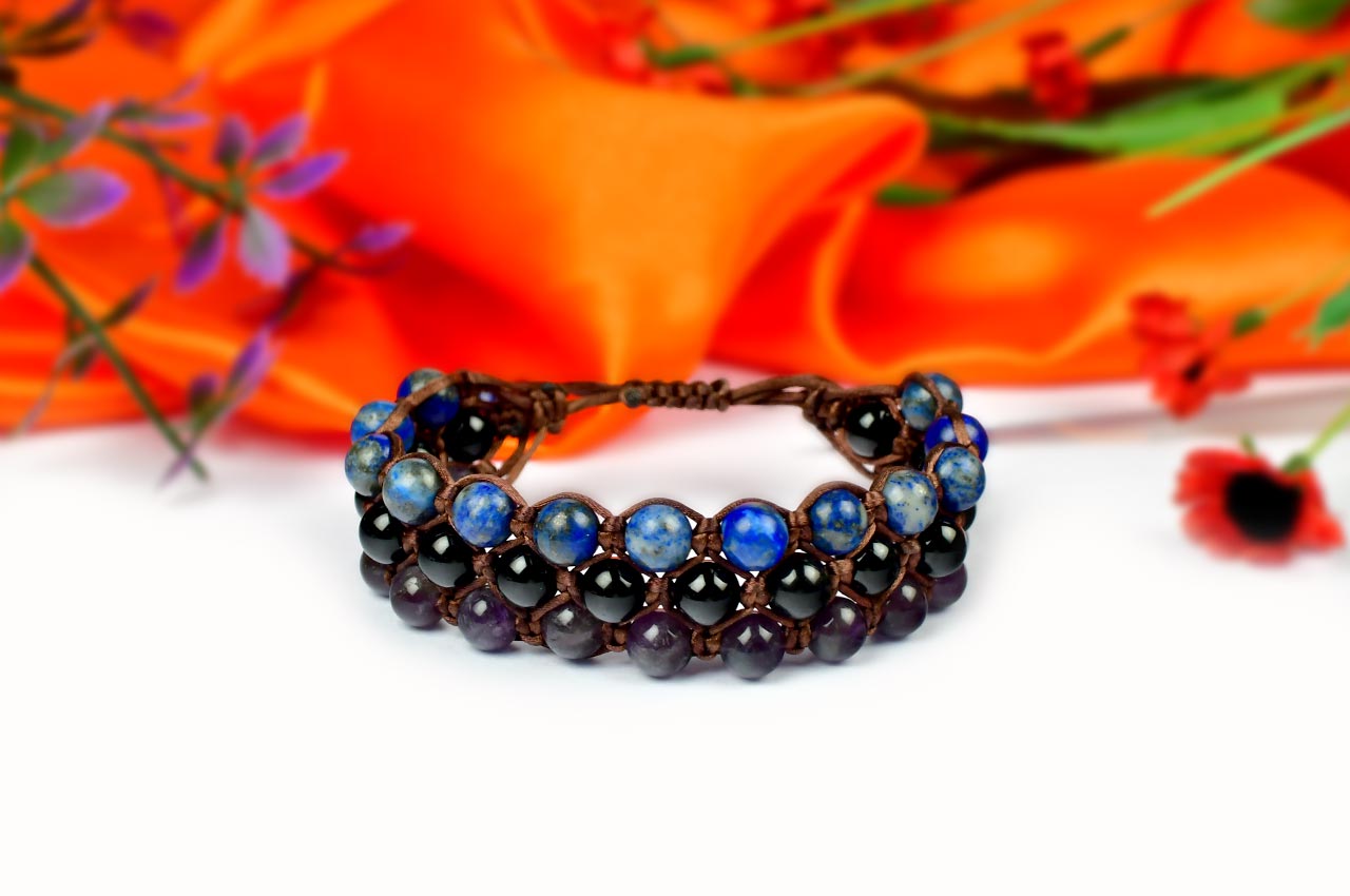 Black Tourmaline Lapiz Lazuli & Amethyst Beads Thread Bracelet