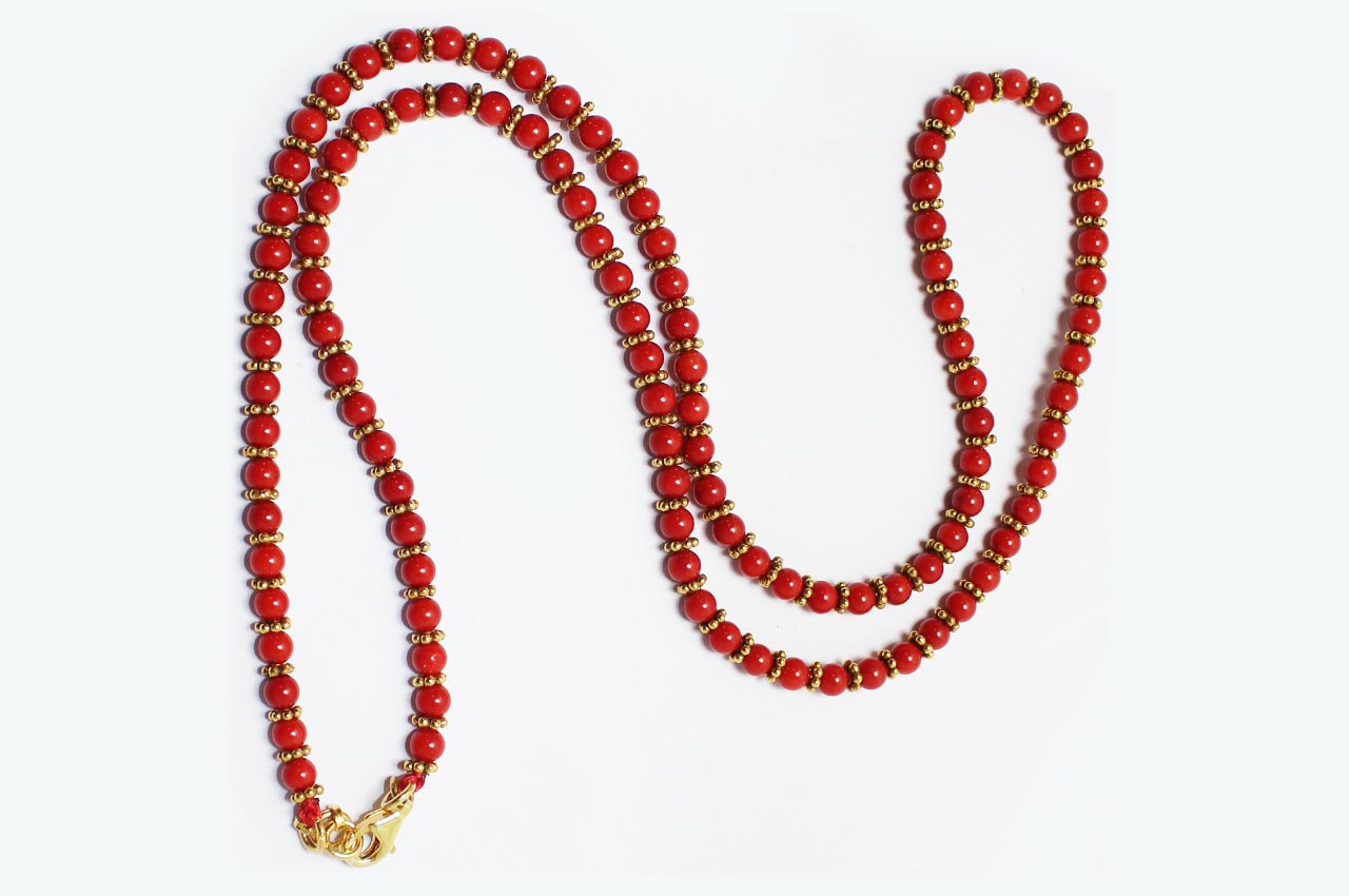 Coral Mala with Gold Polished Silver Chakris