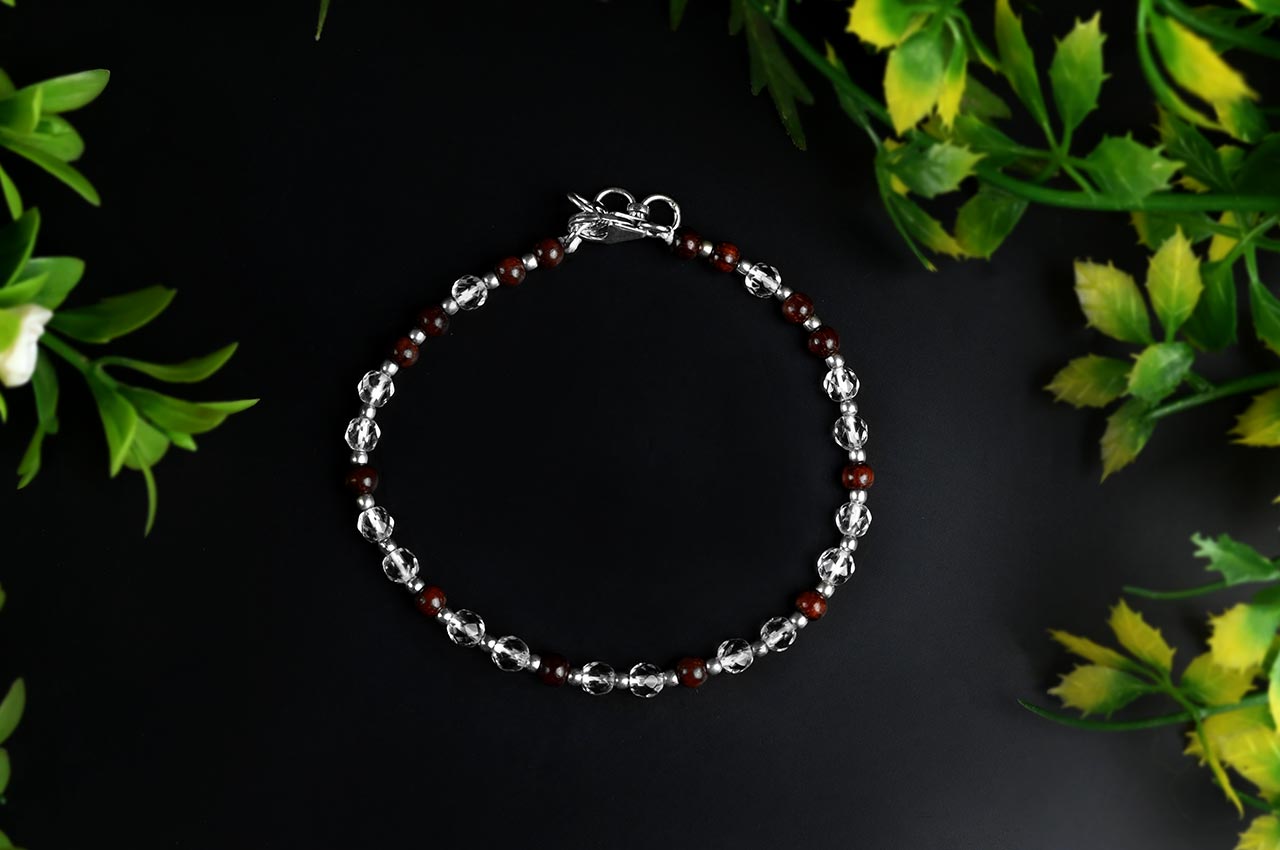 Round Faceted Sphatik & Red Sandalwood Bracelet with Silver Balls & Hook