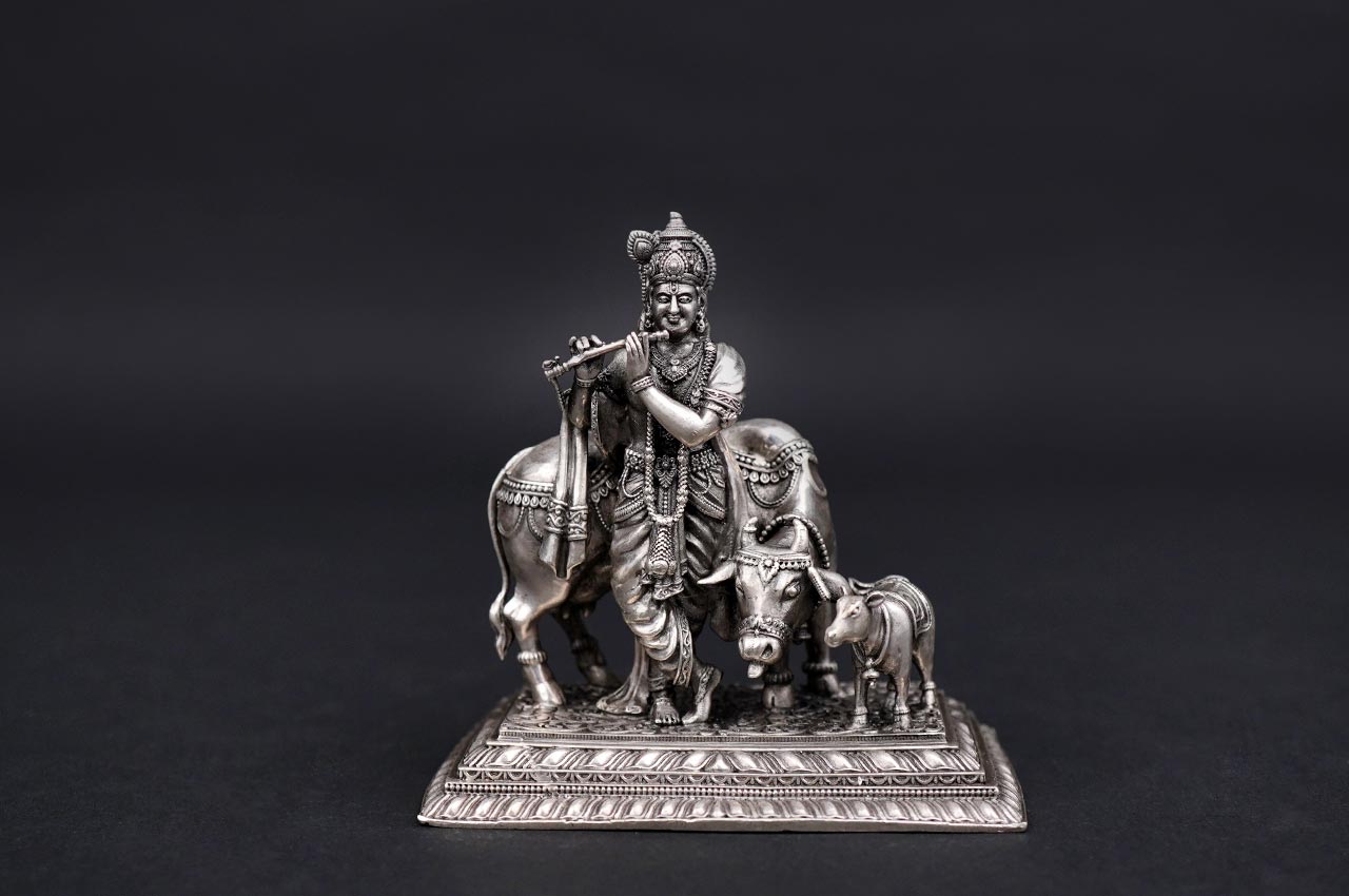 Gopal Krishna With Cow 925 Sterling Silver Idol