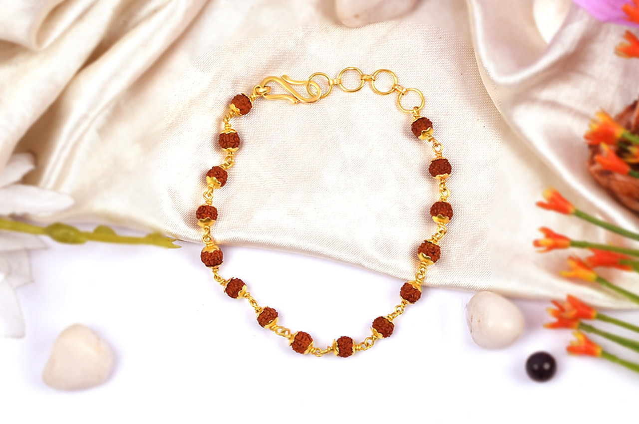 Rudraksha punchmukhi Bracelet with pure gold flower caps - 5mm