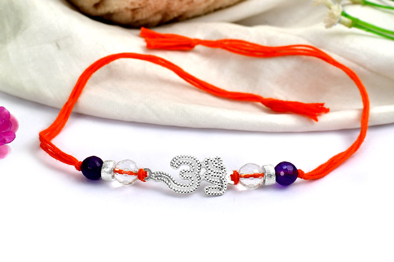 Sphatik and Amethyst beads Rakhi with pure silver accessories in thread