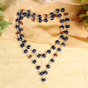 Blue Sapphire & Rudraksha 925 Plain Silver Caps Mala