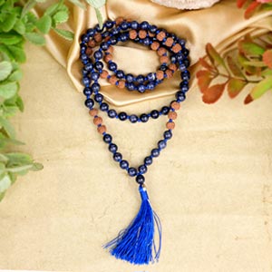 Blue Sapphire & Panch Mukhi Rudraksha Mala with Tassel