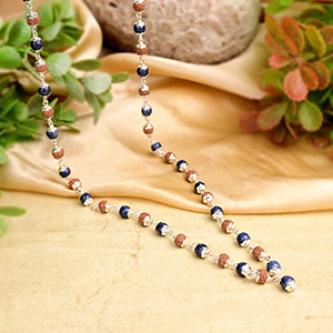 Rudraksha & Blue Sapphire 925 Silver Flower Caps Mala