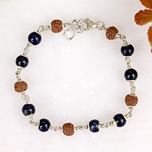 Rudraksha & Blue Sapphire 925 Plain Silver Caps Bracelet