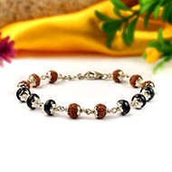 Rudraksha & Blue Sapphire (Button Shape) 925 Silver Flower Caps Bracelet
