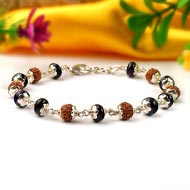 Blue Sapphire (Button Shape) & Rudraksha 925 Silver Flower Caps Bracelet