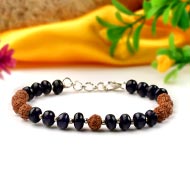 Blue Sapphire (Button Shape) & Rudraksha 925 Silver Balls Bracelet