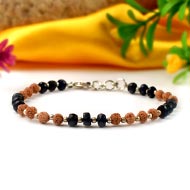 Blue Sapphire (Faceted Button Shape) & Rudraksha 925 Silver Balls Bracelet