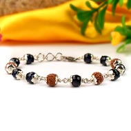 Faceted Blue Sapphire & Rudraksha 925 Silver Flower Caps Bracelet