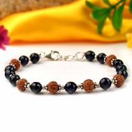 Faceted Blue Sapphire & Rudraksha Silver Chakri & Balls Bracelet