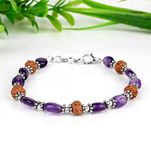 Amethyst Oval Beads & 9 Mukhi Rudraksha German Silver Bracelet