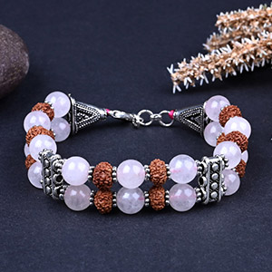 Rose Quartz & 7 Mukhi Rudraksha 2 Layers German Silver Bracelet - 8 mm