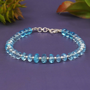 Blue Topaz Faceted Button Shape Beads 925 Silver Ball Bracelet