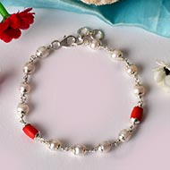 Pearl and Drum shaped Coral bracelet with Silver caping